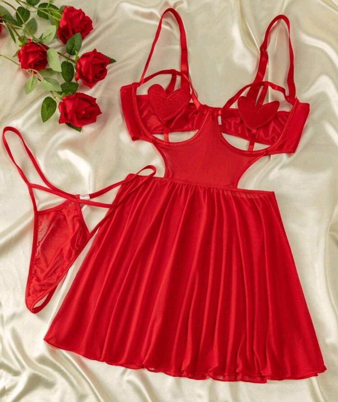 2PCS RED HEART G-STRING LINGERIE SET
