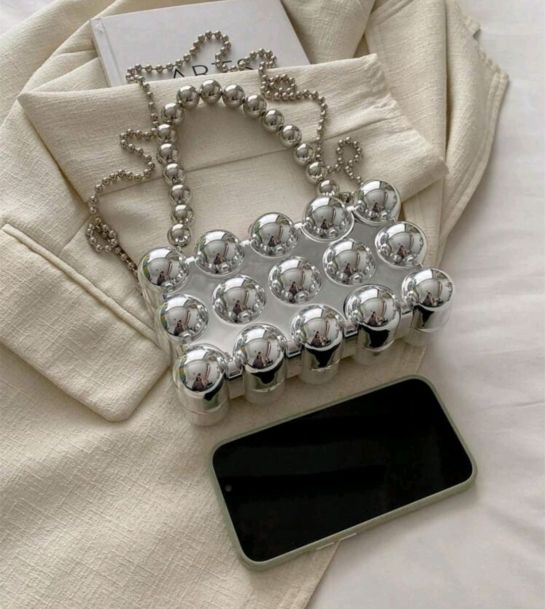 BEADED METAL LOOK DESIGN CLUTCH