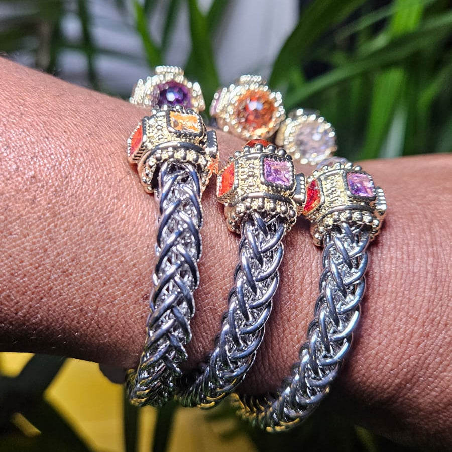 BRAIDED STAINLESS STEEL MULTI-COLORED BEADS BRACELET