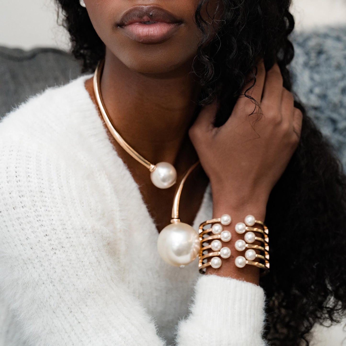 DOUBLE PEARL BALL CHOKER NECKLACE AND BRACELET SET SWP LOOK 053