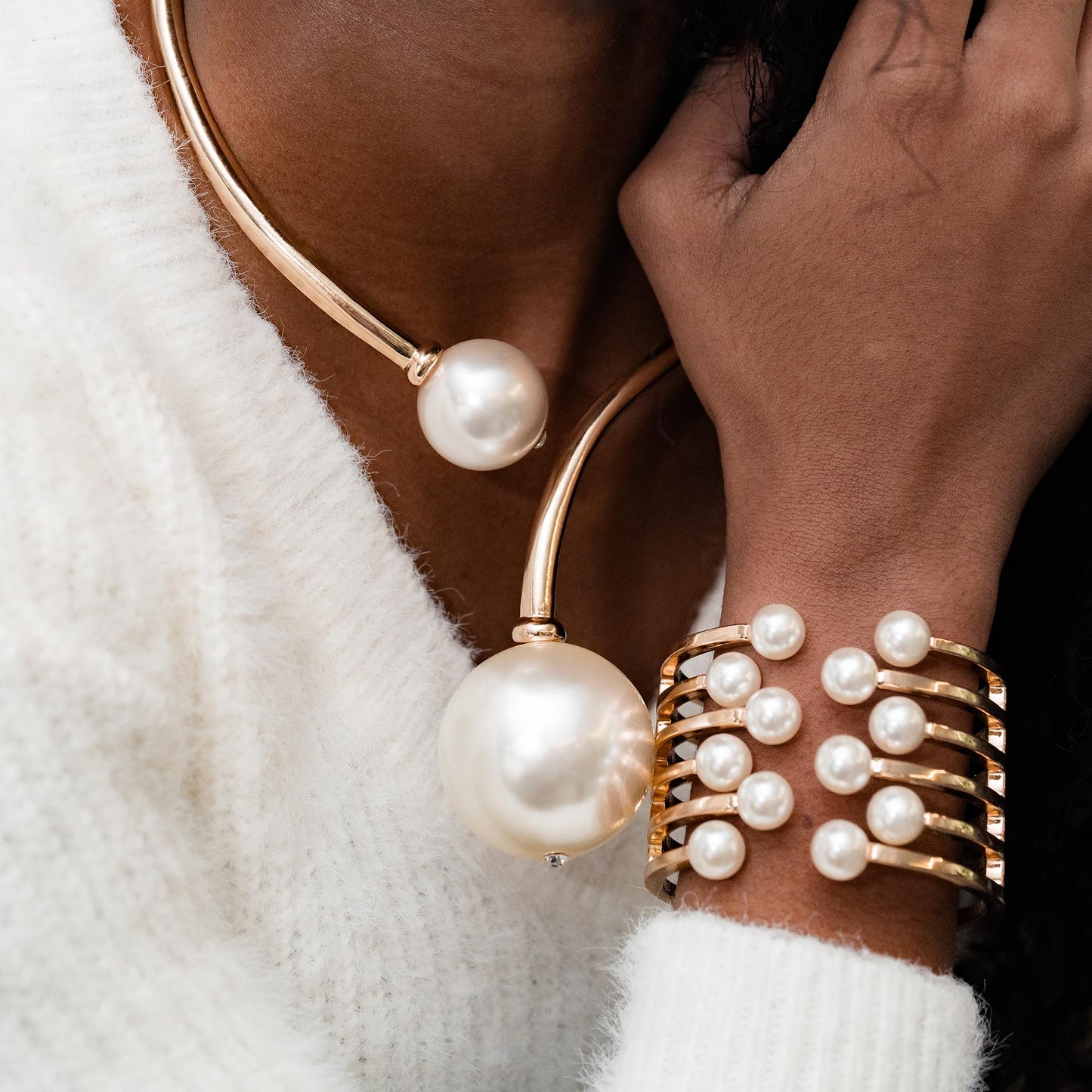 DOUBLE PEARL BALL CHOKER NECKLACE AND BRACELET SET SWP LOOK 053