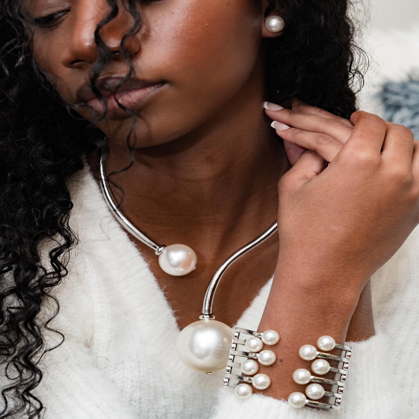 DOUBLE PEARL BALL CHOKER NECKLACE AND BRACELET SET SWP LOOK 053