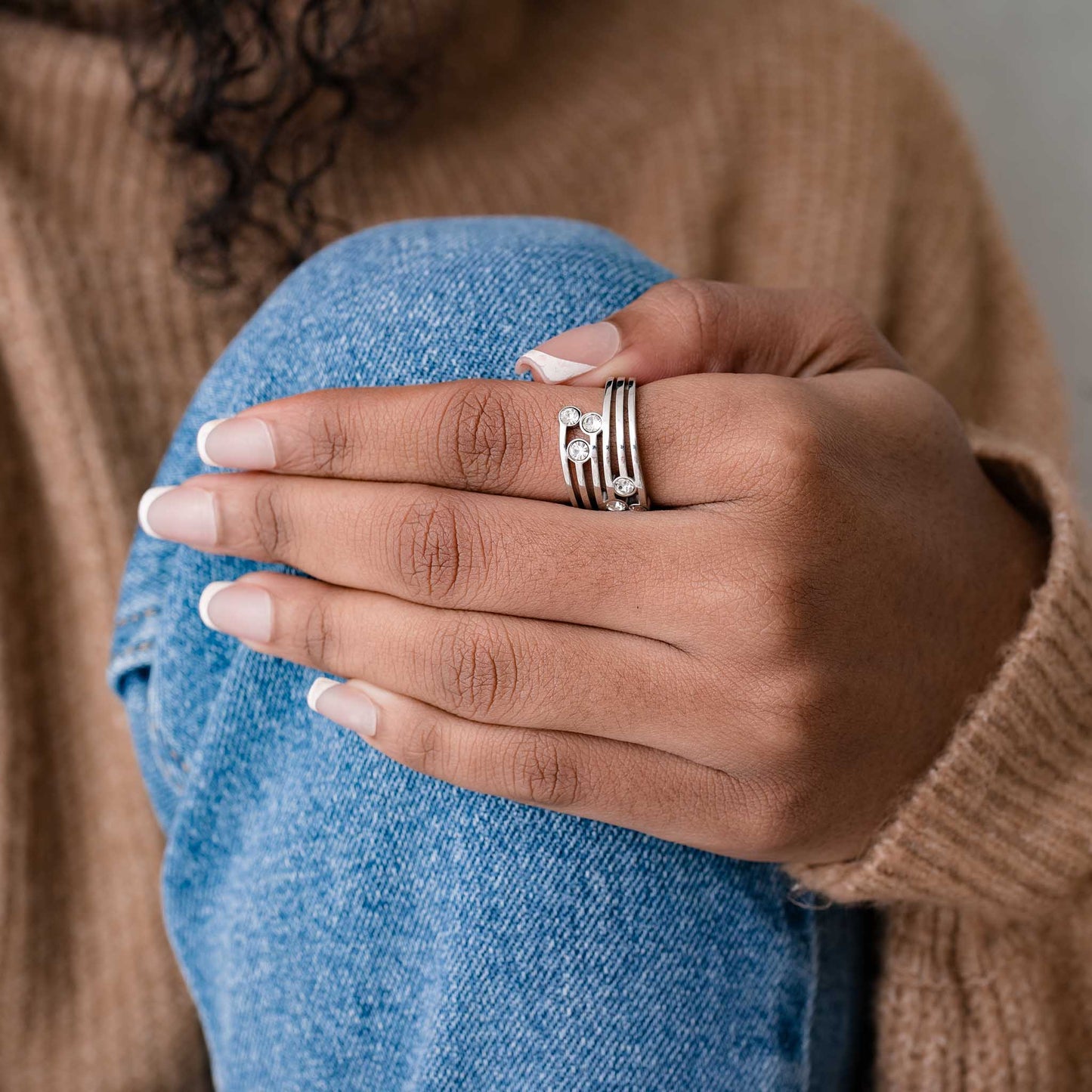 STAINLESS STEEL SIX LAYER RHINESTONE RING SWP LOOK 032