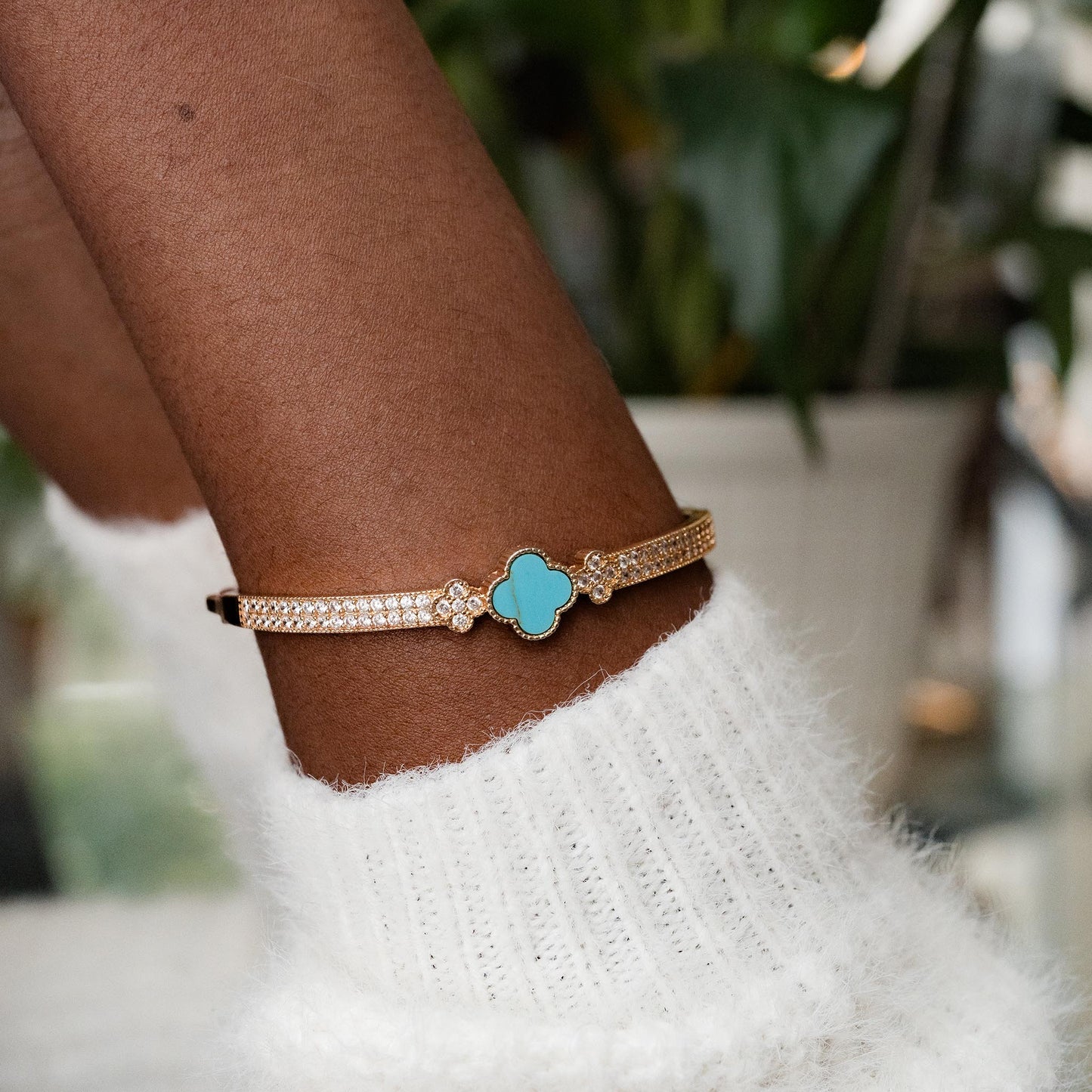 STAINLESS STEEL RHINESTONE CLOVER BRACELET