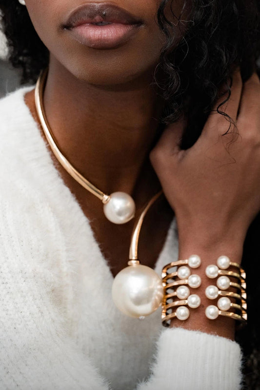 DOUBLE PEARL BALL CHOKER NECKLACE AND BRACELET SET SWP LOOK 053